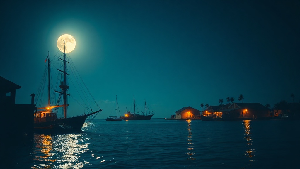 Moonlit Caribbean harbor with smuggler ships